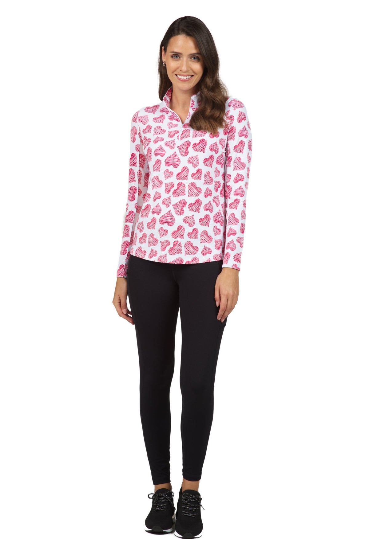 Scribble Hearts Print Long Sleeve Mock Neck Top – 10489